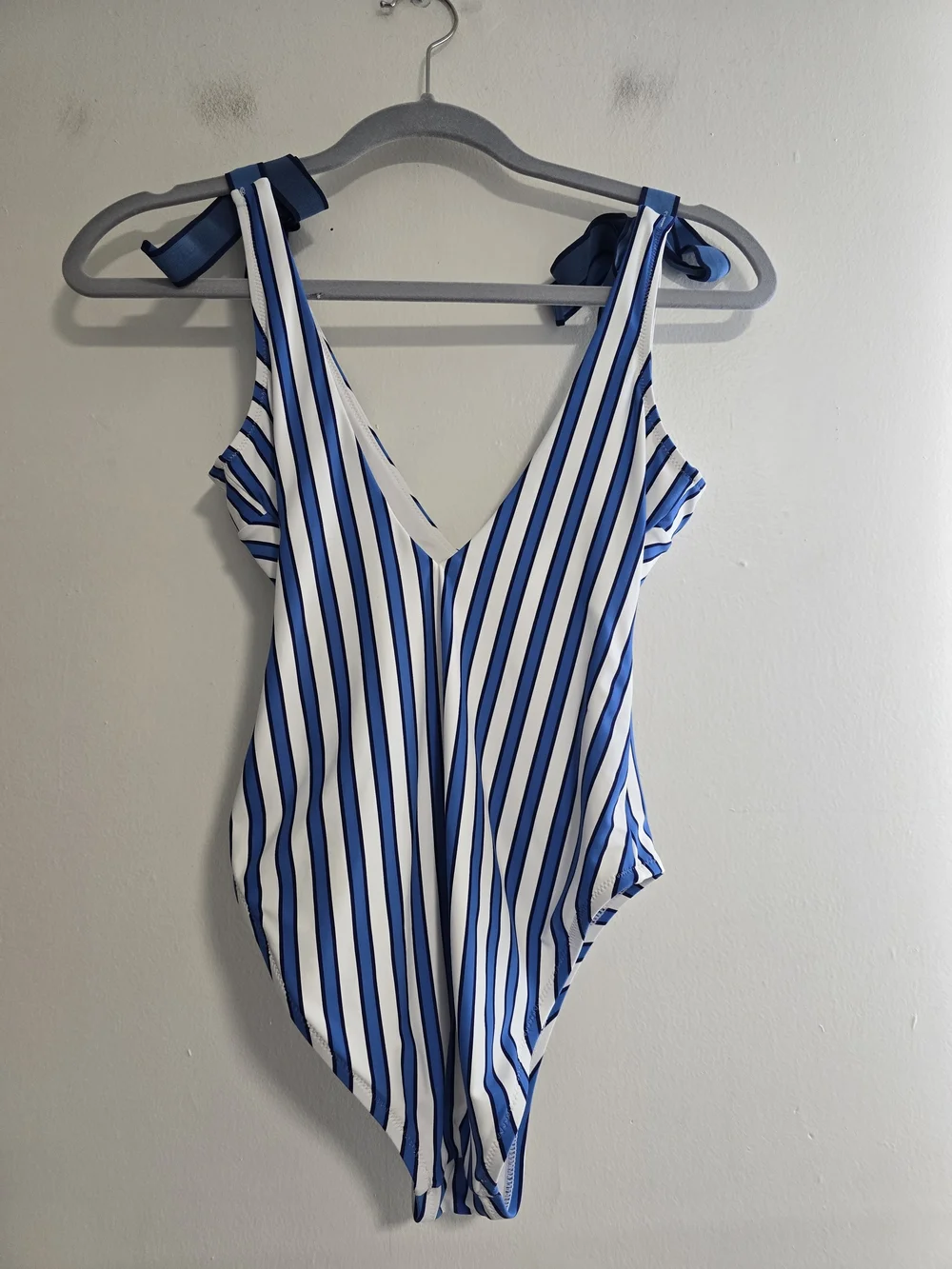 J. Crew tie shoulder one piece in cabana stripe swimsuit blue white retro Pinup